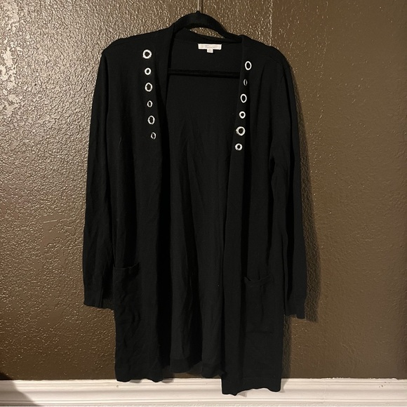 Black Long Length Cardigan Sweater with Metal Rings and Pockets, Size Medium - Picture 1 of 7